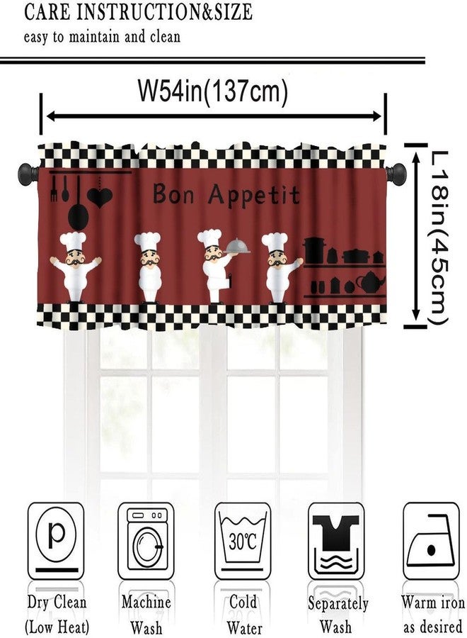 KANEPE Chef Valances Curtain for Kitchen, Cartoon Kitchen Chef White Black Lattice Red Background Window Treatment Valances Short Curtains Rod Pocket Drape for Dining Room Home Decor, 54x18inch - Image 2